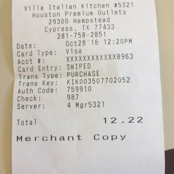 Villa Fresh Italian Kitchen - the receipt for the restaurant - Italian Near Me - Cypress, Texas Villa Fresh Italian Kitchen - the receipt for the restaurant - Italian Near Me - Cypress, Texas