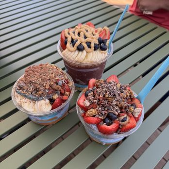 Blue Bowl Superfoods - basic açaí with peanut butter topping, and x2 custom mango passion with blue coconut - Acai Bowls Near Me - Riverside, California Blue Bowl Superfoods - basic açaí with peanut butter topping, and x2 custom mango passion with blue coconut - Acai Bowls Near Me - Riverside, California