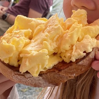Cafe This Way - scrambled eggs loaded onto sour dough toast - New American Near Me - Bar Harbor, Maine Cafe This Way - scrambled eggs loaded onto sour dough toast - New American Near Me - Bar Harbor, Maine