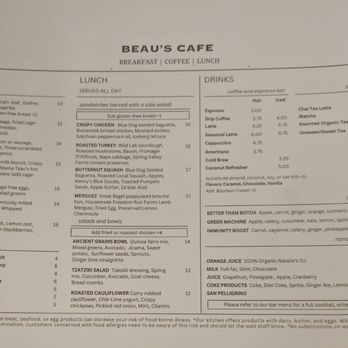 Beau's cafe - Menu - The menu from Beau's Cafe in Lexington, KY, lists breakfast, lunch, and drinks. Breakfast options include avocado toast, breakfast sandwiches, and eggs, with prices ranging from $2.50 to $16. The lunch menu features sandwiches, salads, and bowls, with prices from $4 to $14. Drinks include espresso, coffee, teas, and soft drinks, with prices from $2.25 to $6.75. The menu emphasizes organic ingredients and includes options for hot and iced beverages, as well as non-alcoholic drinks. - Breakfast & Brunch Near Me - Lexington, Kentucky