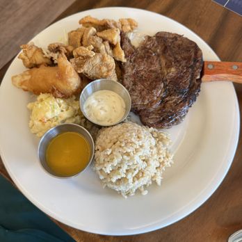 Pearl at Kalauao - mixed plate with a nice beef strip, fried fish and karaage chicken - Breakfast & Brunch Near Me - Aiea, Hawaii Pearl at Kalauao - mixed plate with a nice beef strip, fried fish and karaage chicken - Breakfast & Brunch Near Me - Aiea, Hawaii