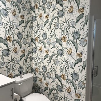 Up And Dry Wallpaper Installation - Bathroom 6 months later. Did a great job making space for all the pipes and obstacles! - Wallpapering Near Me
