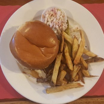 Dino's Bar and Grill - Rusty Burger, French Fries, Coleslaw, Pickle - American Near Me - Edgewater, New Jersey