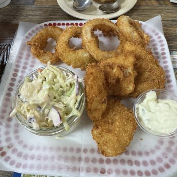 The White Spot Cafe - Halibut plate with onion rings (slight up charge for the swap out of FF but worth it) - American Near Me - Anchorage, Alaska