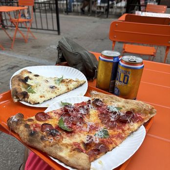 Good Pizza - Two slices of pepperoni, one white slice, and two beers - Pizza Near Me - Cleveland, Ohio