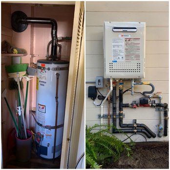 Protek - Before and After- Closet WH to Exterior Tankless Install - Plumbing Near Me