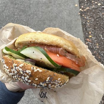 Bagel Kitchen - Lox w/pesto (no cream cheese) on everything bagel - Bagels Near Me - Grand Rapids, Michigan Bagel Kitchen - Lox w/pesto (no cream cheese) on everything bagel - Bagels Near Me - Grand Rapids, Michigan