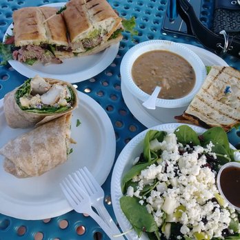 Cliff Hanger Cafe - BALT with Turkey chili soup , roast beef sandwich, chicken wrap and spinach salad starting top right going counter clockwise - Sandwiches Near Me - La Jolla, California Cliff Hanger Cafe - BALT with Turkey chili soup , roast beef sandwich, chicken wrap and spinach salad starting top right going counter clockwise - Sandwiches Near Me - La Jolla, California