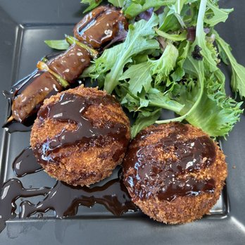 Bento Moto - Top left: Grilled Steak skewer. Bottom: potato croquets that came with spring salad. Potato Croquettes, Grilled Steak - Japanese Near Me - Oakdale, Minnesota Bento Moto - Top left: Grilled Steak skewer. Bottom: potato croquets that came with spring salad. Potato Croquettes, Grilled Steak - Japanese Near Me - Oakdale, Minnesota