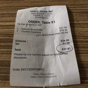 Vino E Pasta - Our detailed receipt - Italian Near Me - Tampa, Florida Vino E Pasta - Our detailed receipt - Italian Near Me - Tampa, Florida