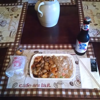 China - Chicken fried rice shrimp and mushroom egg rolls and a Pabst Blue Ribbon - Chinese Near Me - Holton, Kansas