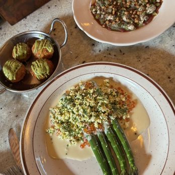Caché - Jumbo Green Asparagus with Salmon Roe ($35), Haddok ($16), and Surf & Turf Crudo ($22) - French Near Me - San Francisco, California Caché - Jumbo Green Asparagus with Salmon Roe ($35), Haddok ($16), and Surf & Turf Crudo ($22) - French Near Me - San Francisco, California