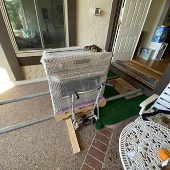 California Builder Distributors - oven movement from truck to front step of our house - two Home Depot 3" chain link fence posts work perfectly to support this 220 lb. oven - Appliances Near Me - Livermore, California