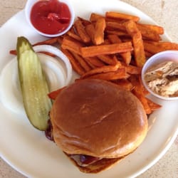 Charlies Steak Ribs & Ale - BBQ sandwich with sweet potato fries.