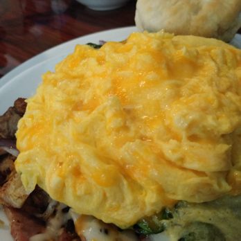 London Cafe - Whole Hog Skillet, Eggs scrambled Hard with cheese, Spinach added - Breakfast & Brunch Near Me - Houston, Texas