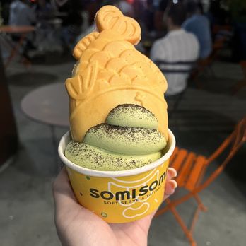 Somisomi - Upside down Ahboong with custard filling + Matcha soft serve + Oreo crumbs - Desserts Near Me - Cupertino, California Somisomi - Upside down Ahboong with custard filling + Matcha soft serve + Oreo crumbs - Desserts Near Me - Cupertino, California