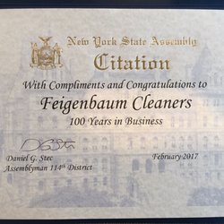Feigenbaum Cleaners - Recognized by the NYS Assembly for 100 years in business.