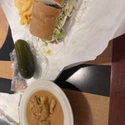 Chicken tortilla soup, pepperoni sandwich