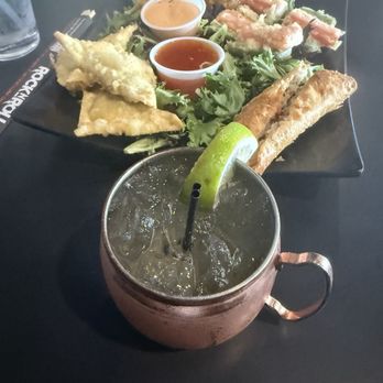 Rock N Roll Sushi - The sample dish  yasss !! And a little something to drink - Japanese Near Me - Daphne, Alabama