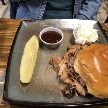 Pallet Bar and Grill - Absolutely mouthwateringly delicious Smoked Pork Sandwich with slaw and pickle. (Other sides like fries are extra.) - American Near Me - Fort Walton Beach, Florida Pallet Bar and Grill - Absolutely mouthwateringly delicious Smoked Pork Sandwich with slaw and pickle. (Other sides like fries are extra.) - American Near Me - Fort Walton Beach, Florida