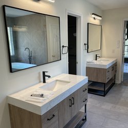 Right Flooring Services - We love the way these vanities came out! The light fixtures are a great touch for that modern/cozy feel.