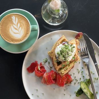Lele Cake - Rosti with Salmon and Fresh Marinated Cucumbers and Cappuccino - Coffee & Tea Near Me - Los Gatos, California Lele Cake - Rosti with Salmon and Fresh Marinated Cucumbers and Cappuccino - Coffee & Tea Near Me - Los Gatos, California