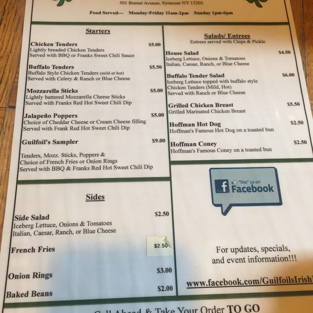 Guilfoil's Irish Pub - the menu - Irish Pub Near Me - Syracuse, New York