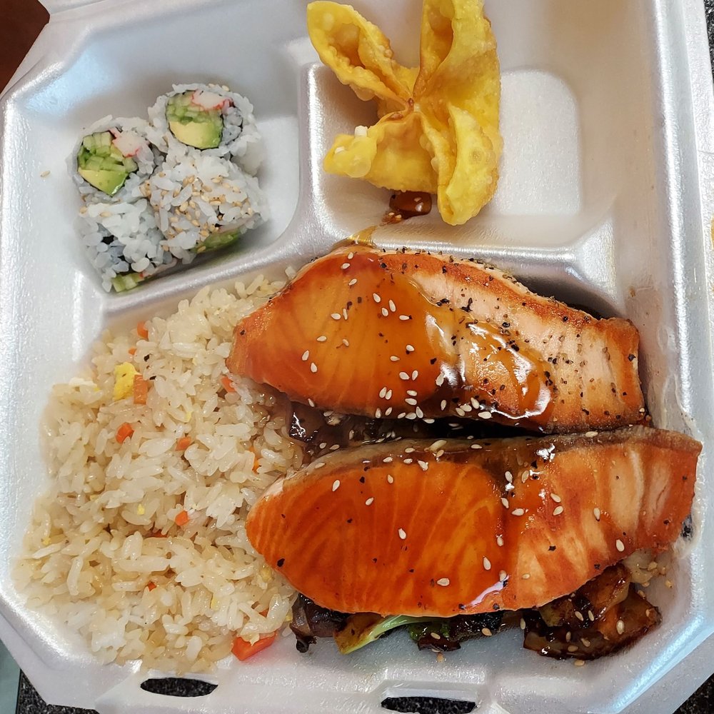 Ninja Express - The person that was with me ordered this salmon that came with a California roll and a crab Rangoon. I don't remember the name of the dish - Sushi Bars Near Me - Wabash, Indiana Ninja Express - The person that was with me ordered this salmon that came with a California roll and a crab Rangoon. I don't remember the name of the dish - Sushi Bars Near Me - Wabash, Indiana