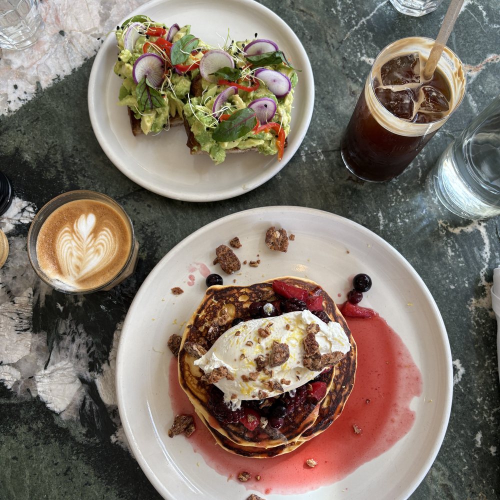 Great White - avocado toast, hotcakes, hot latte, and iced americano - Cafes Near Me - Los Angeles, California