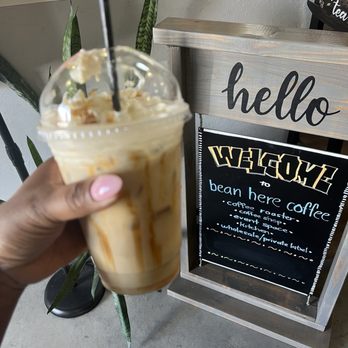 Bean Here Coffee Lab & Studios - Iced Carmel macchiato with whip cream /almond milk -16 oz - Coffee & Tea Near Me - Arcola, Texas Bean Here Coffee Lab & Studios - Iced Carmel macchiato with whip cream /almond milk -16 oz - Coffee & Tea Near Me - Arcola, Texas