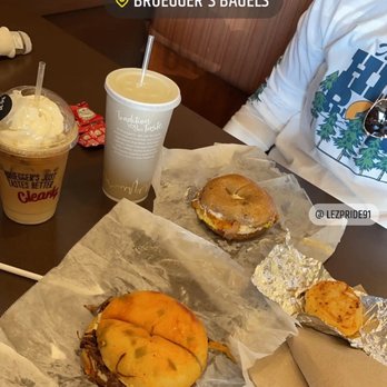 Bruegger's Bagels - Green chili cheddar bagel, smoked brisket , Cinnamon Raisin, sriracha honey sunrise - Bagels Near Me - Tucson, Arizona