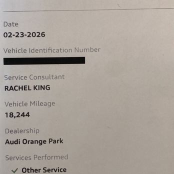 Audi Orange Park - Service record from Audi Orange Park dated Feb 23 / mileage 18,244 - Car Dealers Near Me - Jacksonville, Florida Audi Orange Park - Service record from Audi Orange Park dated Feb 23 / mileage 18,244 - Car Dealers Near Me - Jacksonville, Florida