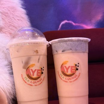 Aye Tea Lounge - House Milk Tea W Panna Cotta & Cheese Ball and sesame Coconut Milk Tea - Bubble Tea Near Me - Fairfax, Virginia