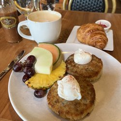 La Provence Wholesale Bakery - Risotto cakes & eggs w/fruit and croissant
