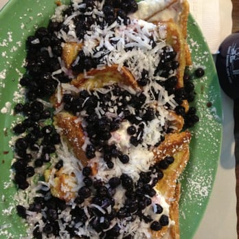 Grumpy's - Blueberry and coconut filled French Toast.  Look at Jana's photo (looks delicious), mine was poor (you can tell from the photo) - Diners Near Me - East Dennis, Massachusetts