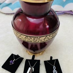 Royal purple urn, Purple Heart pendant and musical note are all Allay Direct products. The microphone is from a 3rd party