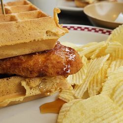 Prospect Mountain Diner - Crispy Chicken and Waffle Sandwich with Hot Honey