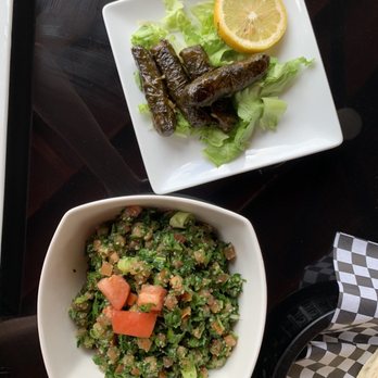 Mezze Cafe - "VEGAN" -MEZZE PLATTER Part 3 the dolmas and tabouli (note that this platter is enough for at least 2 meals) - Mediterranean Near Me - Austin, Texas