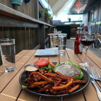 Bar Bistro - Wagyu Burger (minus the bun) and sweet potato fries - Cocktail Bars Near Me - Tacoma, Washington