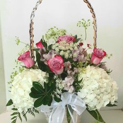 Lacy Victorian Basket with hydrangeas, roses and Queen Anne's lace in a tall handled basket