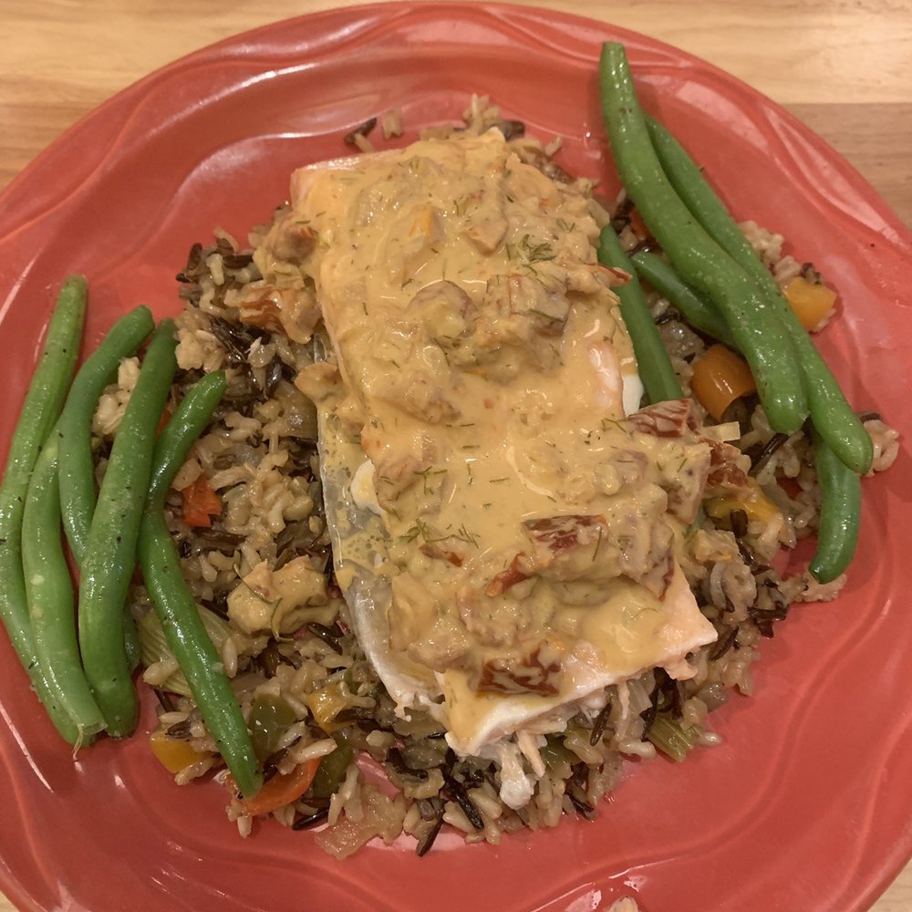 Moosewood Restaurant - Salmon with wild rice - New American Near Me - Ithaca, New York Moosewood Restaurant - Salmon with wild rice - New American Near Me - Ithaca, New York