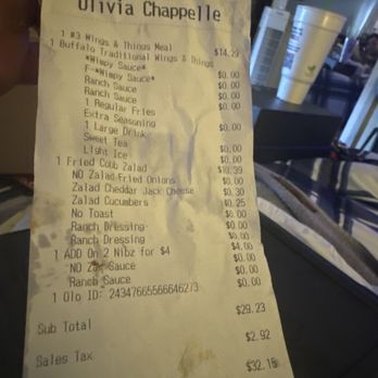Zaxbys - My receipt from the restaurant - Chicken Wings Near Me - Richmond, Virginia