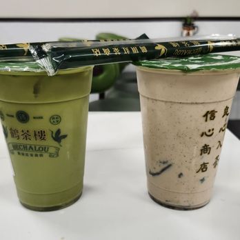 Hechalou Tea House & Jelly - Matcha w/ Oatmilk and House Blend Milk Tea w/ Sesame and Almond Jellies. - Bubble Tea Near Me - Beaverton, Oregon