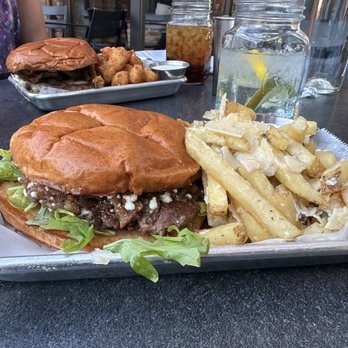 Pipeline Craft Taps and Kitchen - The GOAT burger with duck fat fries house ranch sparkling water with lime and lemon - Burgers Near Me - Redding, California Pipeline Craft Taps and Kitchen - The GOAT burger with duck fat fries house ranch sparkling water with lime and lemon - Burgers Near Me - Redding, California