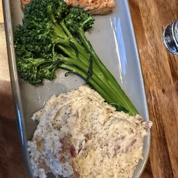The Block - Pan seared Salmon with Broccolini & garlic mashed potatoes. Was good and served hot. - American Near Me - Detroit, Michigan The Block - Pan seared Salmon with Broccolini & garlic mashed potatoes. Was good and served hot. - American Near Me - Detroit, Michigan