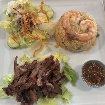 Silver Spoons Thai BBQ House - B3 - BBQ Pork Tender ($18.95) served with fried rice with 2 shrimp, and a small salad. - Thai Near Me - Diamond Bar, California Silver Spoons Thai BBQ House - B3 - BBQ Pork Tender ($18.95) served with fried rice with 2 shrimp, and a small salad. - Thai Near Me - Diamond Bar, California