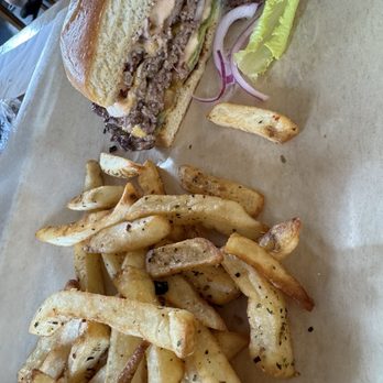 Crawford Brew Works - "The burger" with bacon and fries. - Breweries Near Me - Bettendorf, Iowa Crawford Brew Works - "The burger" with bacon and fries. - Breweries Near Me - Bettendorf, Iowa