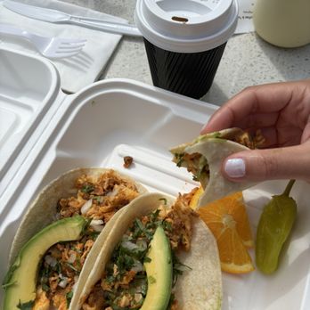 Pannikin Coffee & Tea - Soy chorizo Breakfast Tacos and cappuccino - Coffee & Tea Near Me - Encinitas, California