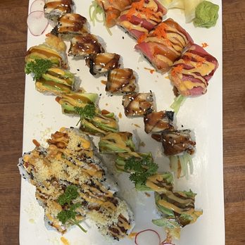 Kobe Sushi And Hibachi Grill - From top to bottom Kobe Special Roll, Dragon Roll, Tokyo Roll, Bend Roll. - Sushi Bars Near Me - Bend, Oregon Kobe Sushi And Hibachi Grill - From top to bottom Kobe Special Roll, Dragon Roll, Tokyo Roll, Bend Roll. - Sushi Bars Near Me - Bend, Oregon