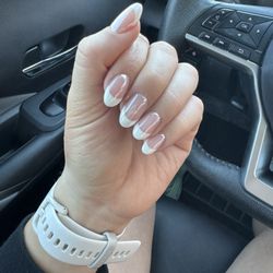 Tips N Toes Nail Salon - Natural nails, hard gel overlay with gel french tip and chrome, pink color is 868 Gossip girl